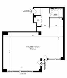 A floor plan shows a professional space with a bathroom and a closet.
