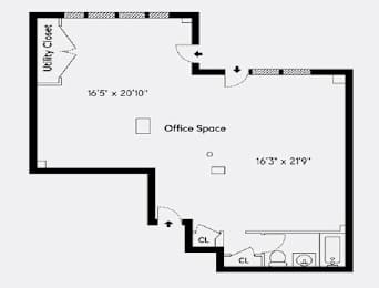 A floor plan shows an office space with a utility closet.