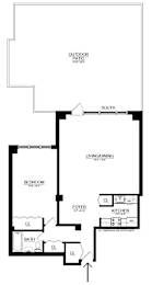 A floor plan of a house with a living room, dining room, kitchen, bedroom, bathroom, and an outside patio.