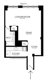 A floor plan of a small apartment with a living room, dining area, kitchen, bathroom, and cloakroom.