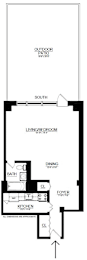 A floor plan of a house with an outdoor patio and a living room.