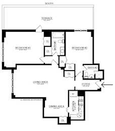 A black and white floor plan of a house with two bedrooms, a living area, a dining area, a kitchen, and two bathrooms.