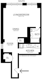 A floor plan of a small apartment with a living room, dining room, kitchen, bathroom, and two closets.