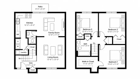 A floor plan of a two bedroom apartment with a living room and kitchen.