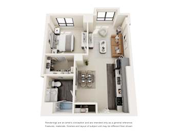 A floor plan of a house with a kitchen, living room, and two bedrooms.