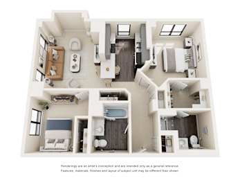 A floor plan of a house with multiple rooms and bathrooms.