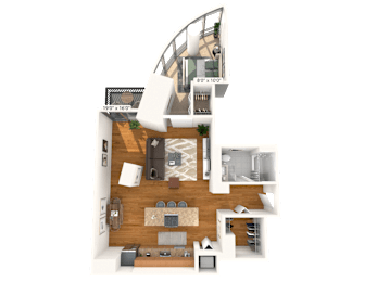 A 3D floor plan of a house with a kitchen, living room, and two bedrooms.