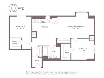 A floor plan of a living space with two bedrooms, a kitchen, and a living/dining room.
