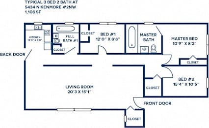 A floor plan of a typical 3 bedroom, 2 bathroom apartment.