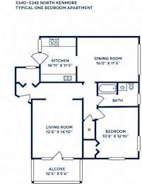 A floor plan of a one bedroom apartment with a living room, bedroom, kitchen, dining room and bathroom.