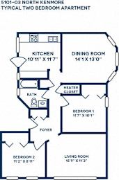 A floor plan of a 5101-03 North Kenmore typical two bedroom apartment.