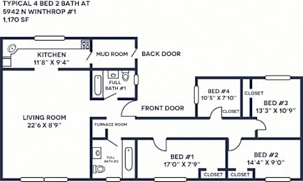A floor plan of a 4 bedroom, 2 bathroom apartment.