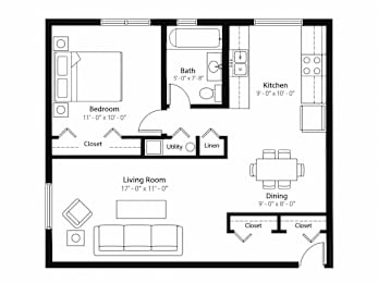A black and white image of a floor plan for an apartment.