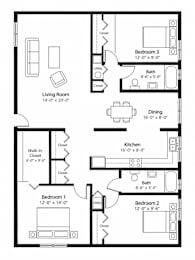 A floor plan of a small apartment with a living room, two bedrooms, a kitchen, and a bathroom.