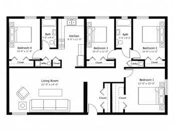 A black and white image of a floor plan for a house with five bedrooms and a living room.