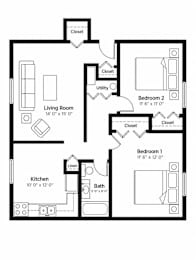 A black and white image of a house floor plan with two bedrooms, a living room, a kitchen, and a bathroom.