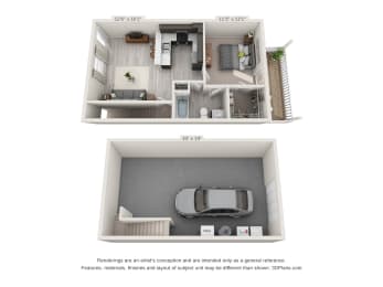  Floor Plan 1 Bedroom with Drive Under Garage - 680sf