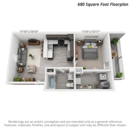  Floor Plan 1 Bedroom Second Level - 680sf