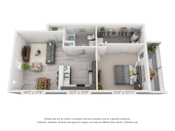 1 Bedroom, 1 Bathroom Main Level 760 square foot apartment floor plan rendering