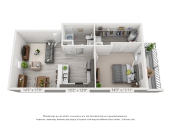 1 Bedroom, 1 Bathroom Second Level 760 square foot apartment floor plan rendering