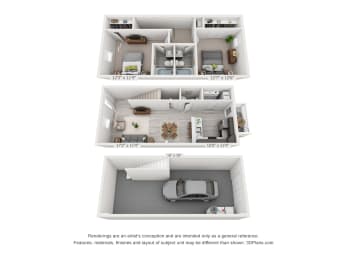  Floor Plan 2 Bedroom, 2.5BA Townhome with Drive Under Garage