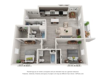 A 3d rendering of a 2 bedroom main level apartment