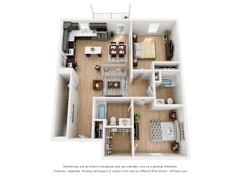 A 3D floor plan of a house with a kitchen, living room, and bathroom.
