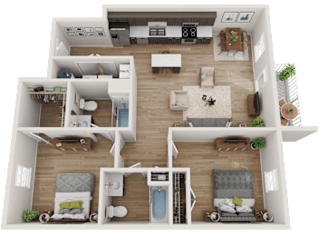 A 3D floor plan of a house with multiple rooms and furniture.