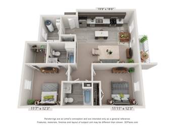 A 3D floor plan of a small apartment with two bedrooms, a living room, and a kitchen.