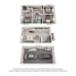  Floor Plan 3 Bedroom, 2.5BA Townhome with drive under Garage