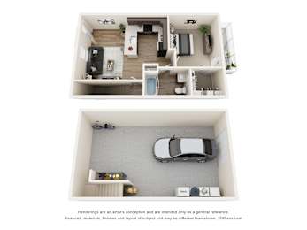 A 3D floor plan of a house with a car parked in the garage.