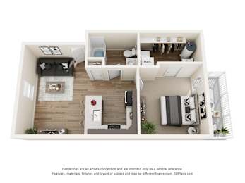 A 3D floor plan of a small apartment with a kitchen, living room, and bedroom.