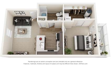 A 3D floor plan of a house with a kitchen, living room, and bedrooms.