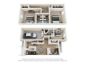 A 3D floor plan of a house with two bedrooms, a living room, a kitchen, and a garage.