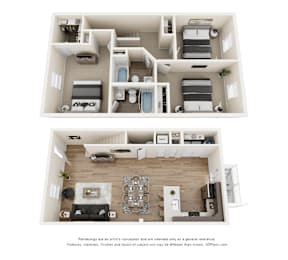 A floor plan of a two-bedroom apartment with a living room and kitchen.