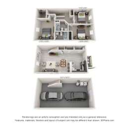 A 3d rendering of a 3 bedroom townhome with a garage