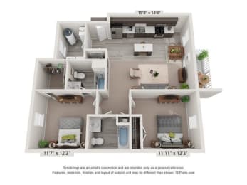  Floor Plan 2 Bedroom, 2BA Second Level