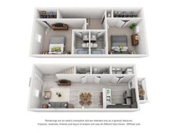 a stylized 3d floor plan of a town house