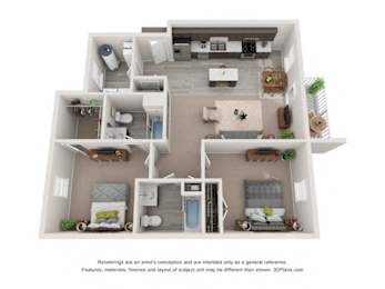A 3D floor plan of a house with a kitchen, living room, and two bedrooms.