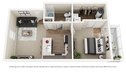 A floor plan of a house with a kitchen, living room, and two bedrooms.