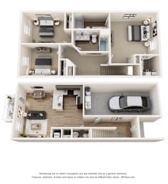 A 3D floor plan of a two-story residential building.