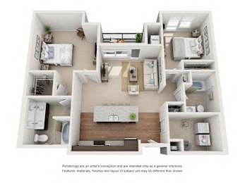 A 3D floor plan of a house with a kitchen, living room, and bedrooms.