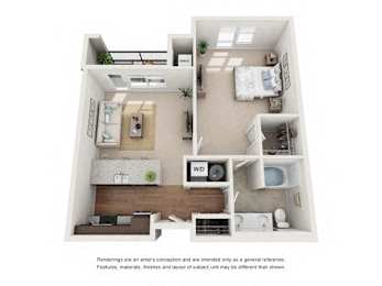 A floor plan of a small apartment with a kitchen, living room, bedroom, and bathroom.