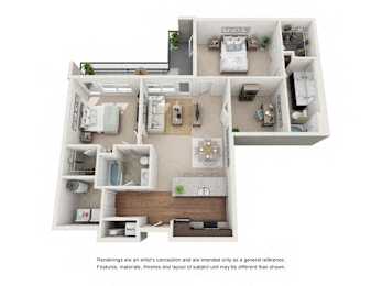 A 3D rendered image of a house layout.
