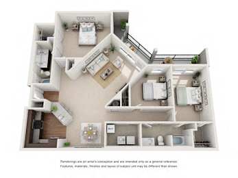A floor plan of a house with a living room, kitchen, and two bedrooms.