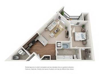 A top-down view of a house layout with a kitchen, living room, and bathroom.