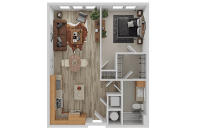 3D floor plan with bedroom and open living space at The Shelby Apartments, Alexandria, 22303