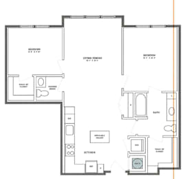 Two bedroom two bathroom floor plan with walk-in closets at The Shelby Apartments, Alexandria, Virginia