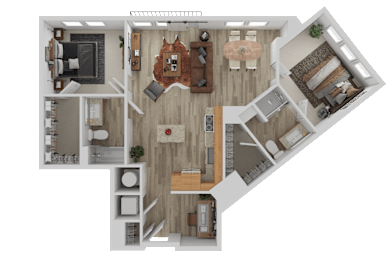 3D two bedroom apartment floor plan layout at The Shelby Apartments, Virginia