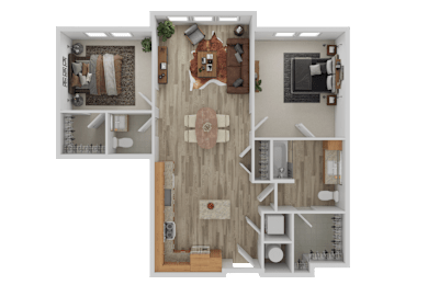 Two bedroom two bathroom 3D floor plan at The Shelby Apartments, Alexandria, VA 22303